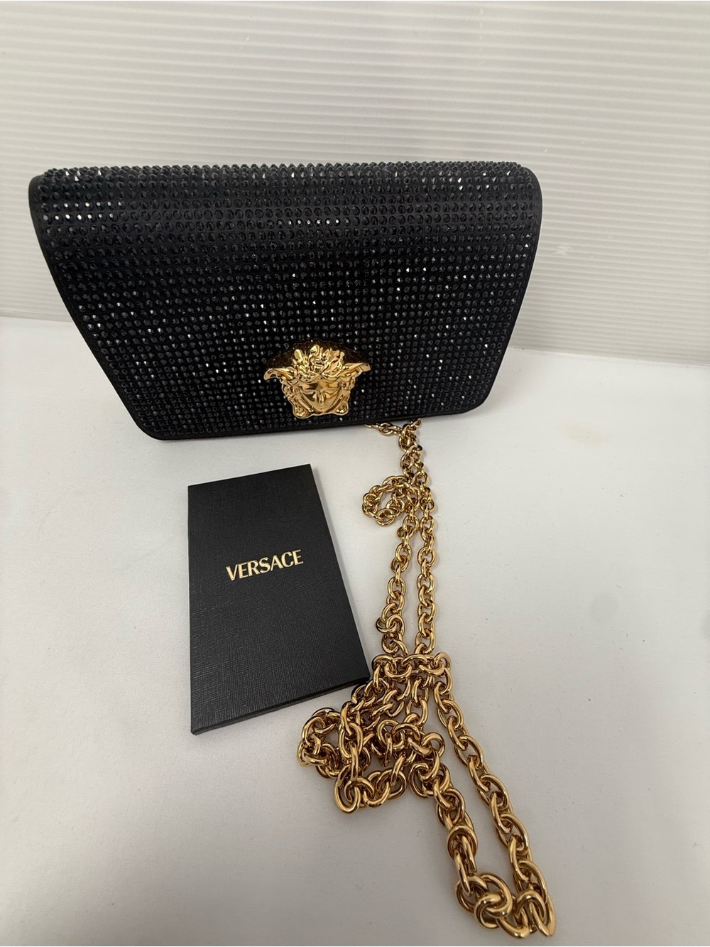 Versace Black Crystal Crossbody with Gold Medusa Chain